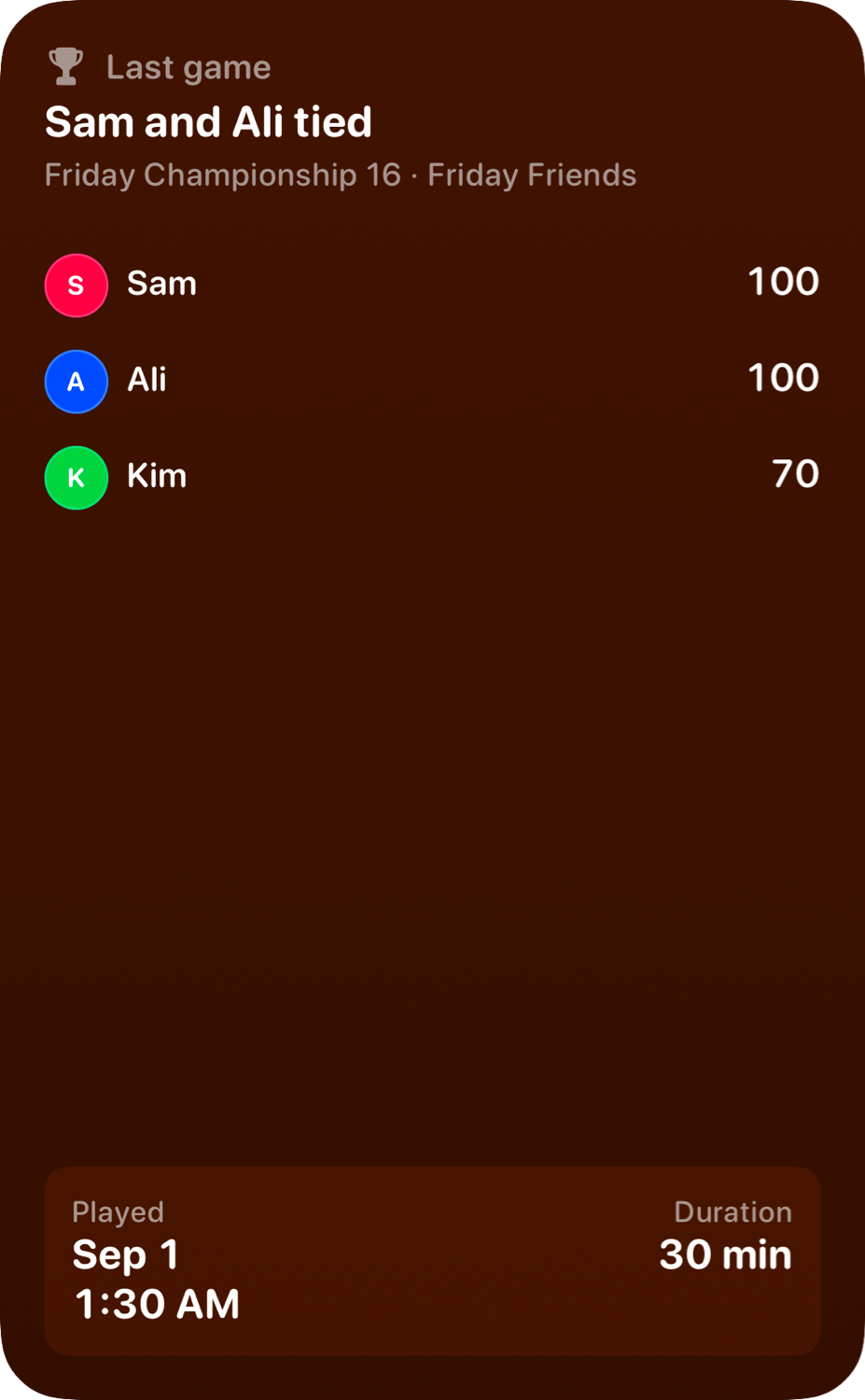 The Live Game widget from House Rules at Extra Large Portrait size in the Orange tint, dark appearance.