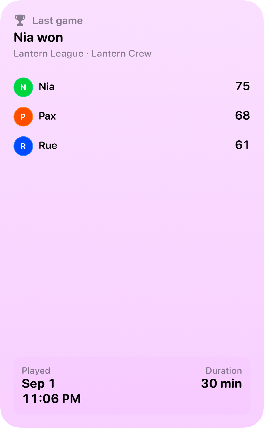 The Live Game widget from House Rules at Extra Large Portrait size in the Purple tint, light appearance.
