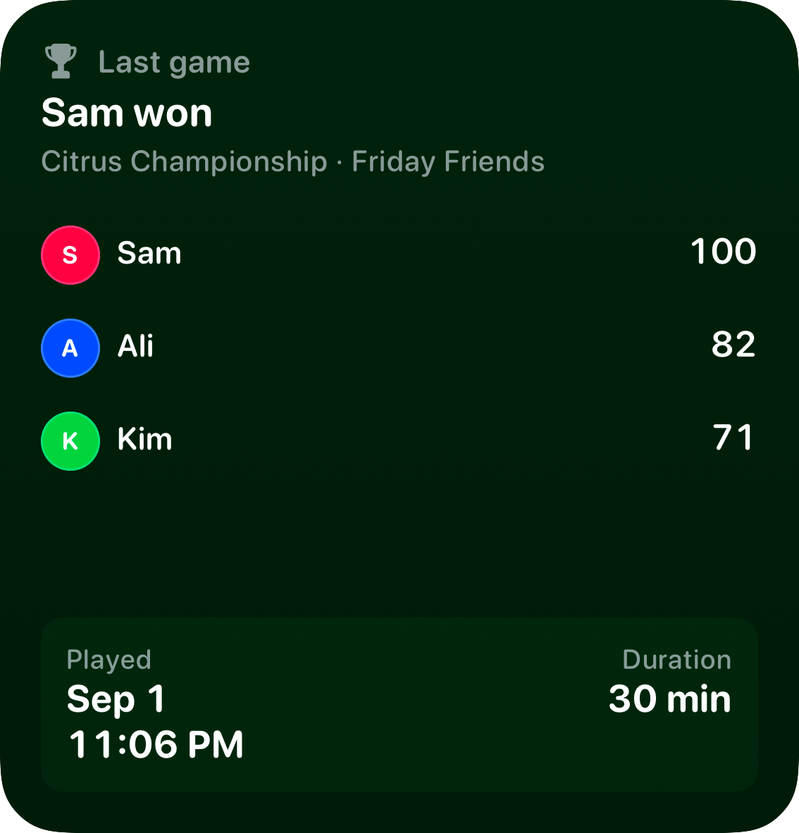 The Live Game widget from House Rules at Large size in the Green tint, dark appearance.