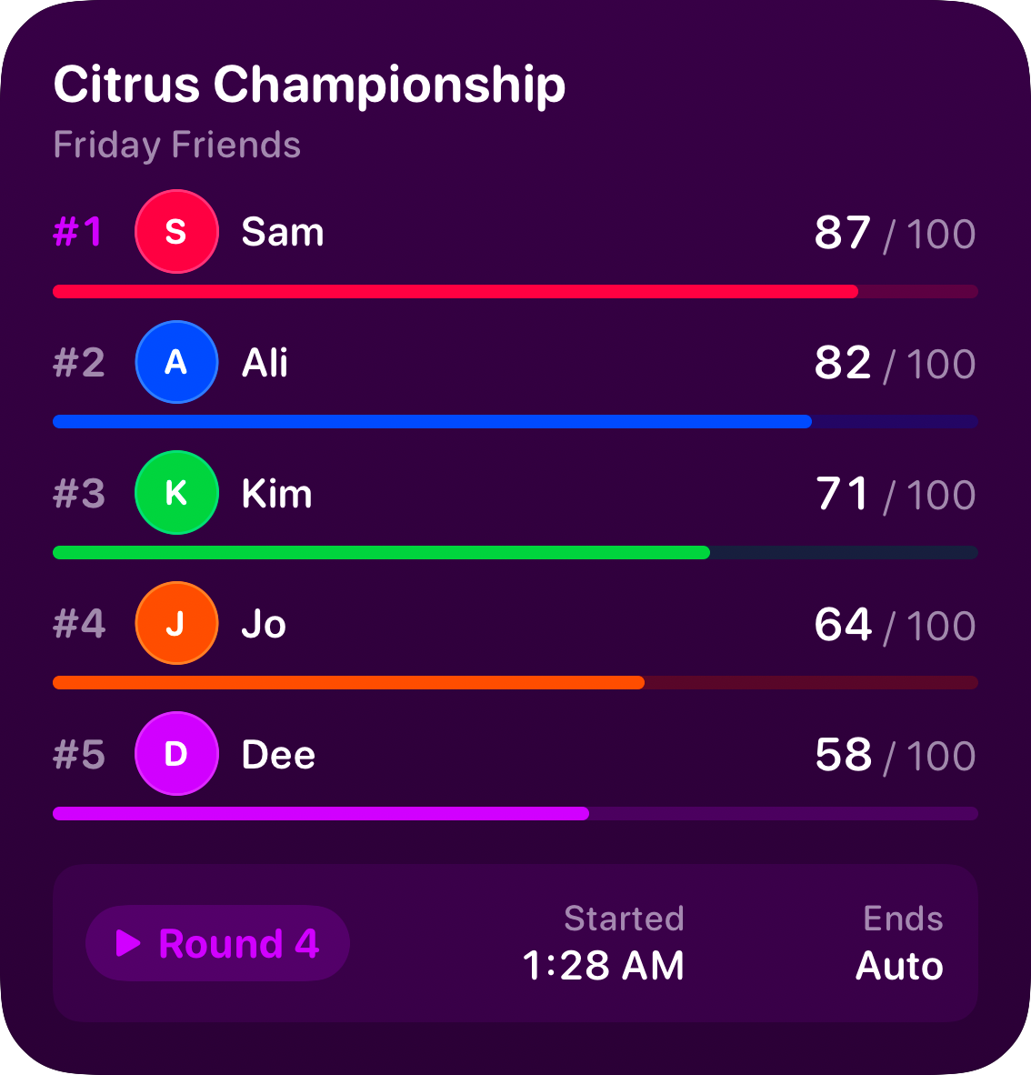 The Live Game widget from House Rules at Large size in the Purple tint, dark appearance.
