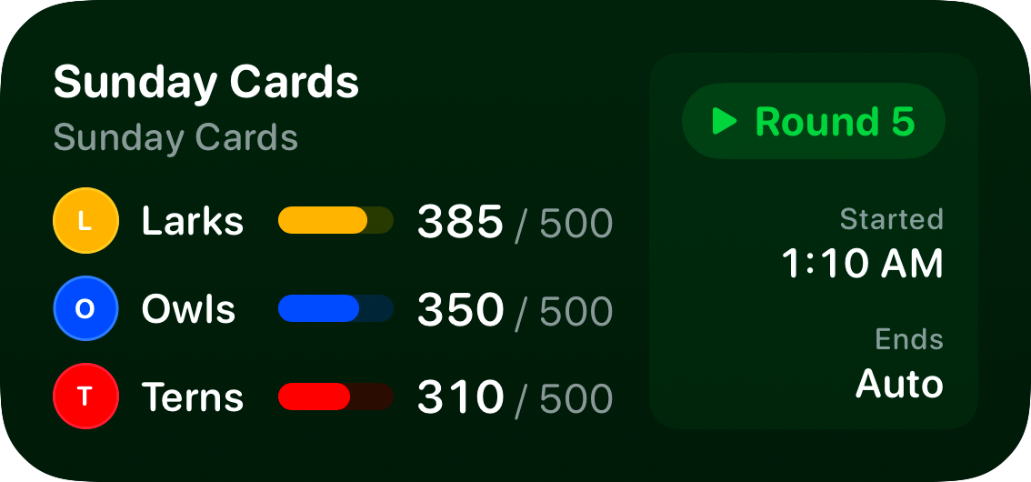 The Live Game widget from House Rules at Medium size in the Green tint, dark appearance.