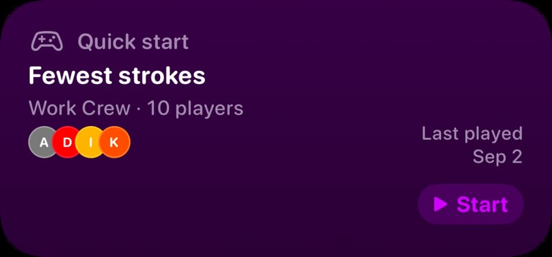 The Quick Start widget from House Rules at Medium size in the Purple tint, dark appearance.