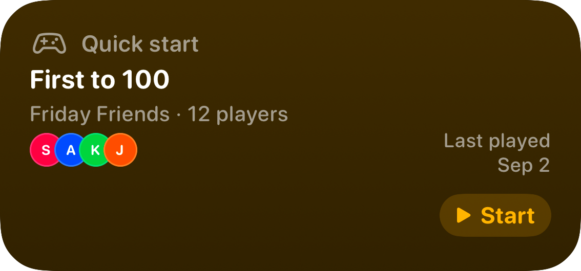The Quick Start widget from House Rules at Medium size in the Yellow tint, dark appearance.