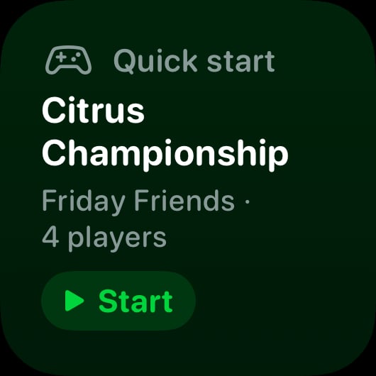 The Quick Start widget from House Rules at Small size in the Green tint, dark appearance.