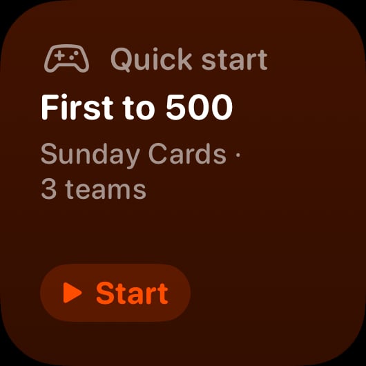 The Quick Start widget from House Rules at Small size in the Orange tint, dark appearance.