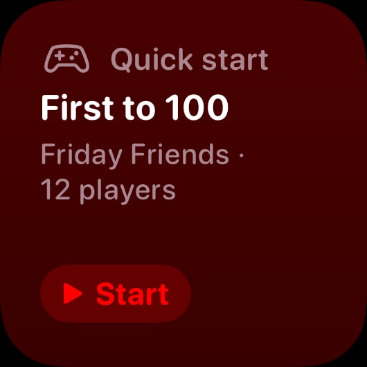 The Quick Start widget from House Rules at Small size in the Red tint, dark appearance.