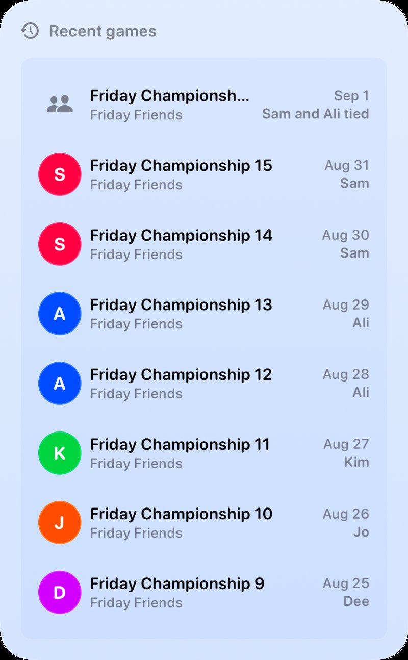 The Recent Games widget from House Rules at Extra Large Portrait size in the Blue tint, light appearance.