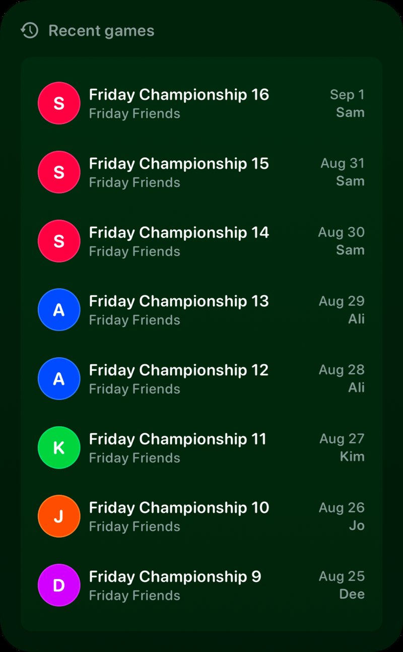 The Recent Games widget from House Rules at Extra Large Portrait size in the Green tint, dark appearance.