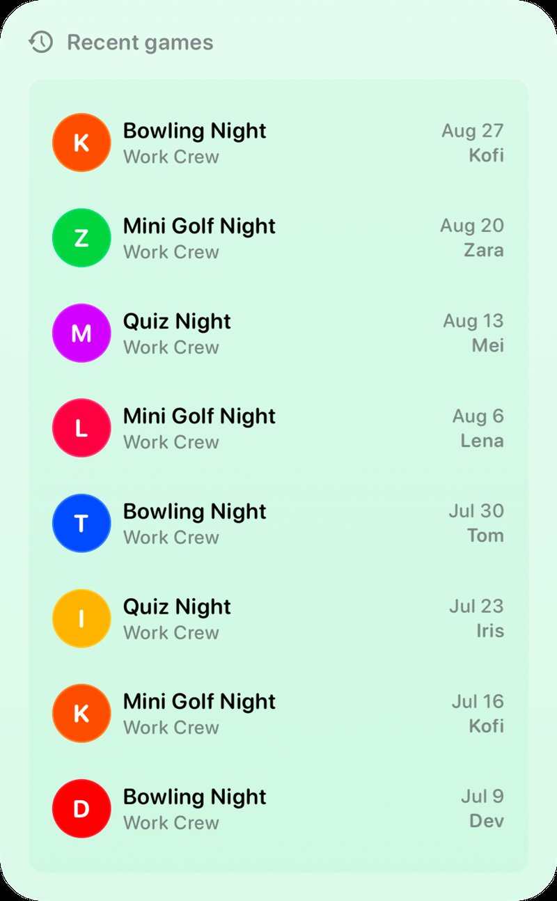 The Recent Games widget from House Rules at Extra Large Portrait size in the Green tint, light appearance.