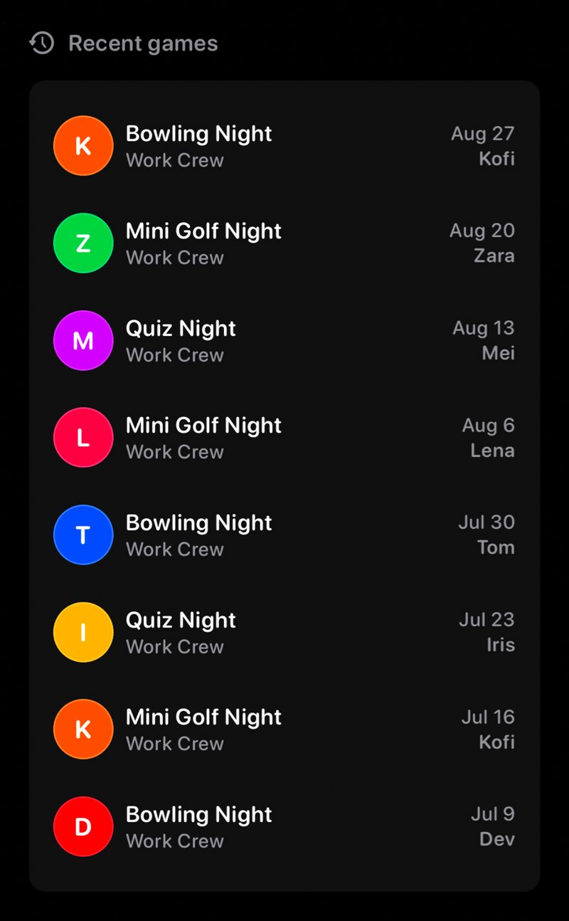 The Recent Games widget from House Rules at Extra Large Portrait size in the Grey tint, dark appearance.