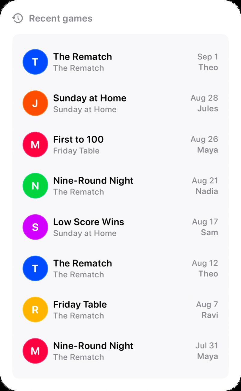 The Recent Games widget from House Rules at Extra Large Portrait size in the Grey tint, light appearance.
