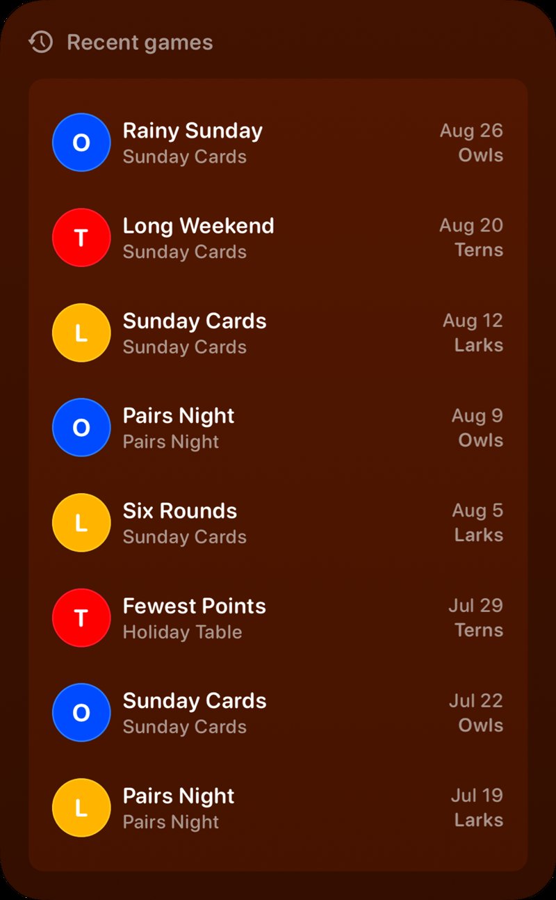 The Recent Games widget from House Rules at Extra Large Portrait size in the Orange tint, dark appearance.