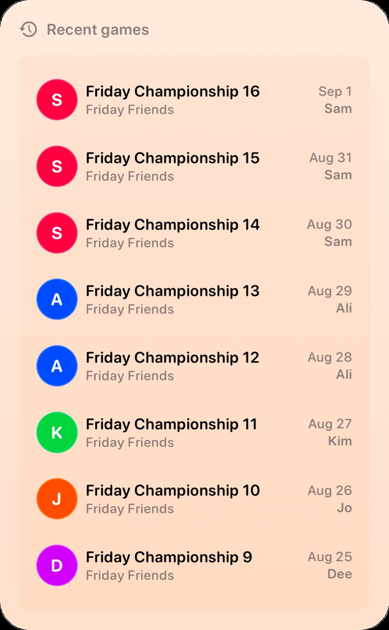 The Recent Games widget from House Rules at Extra Large Portrait size in the Orange tint, light appearance.
