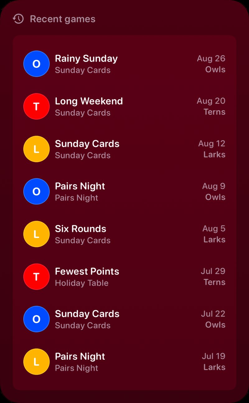 The Recent Games widget from House Rules at Extra Large Portrait size in the Pink tint, dark appearance.