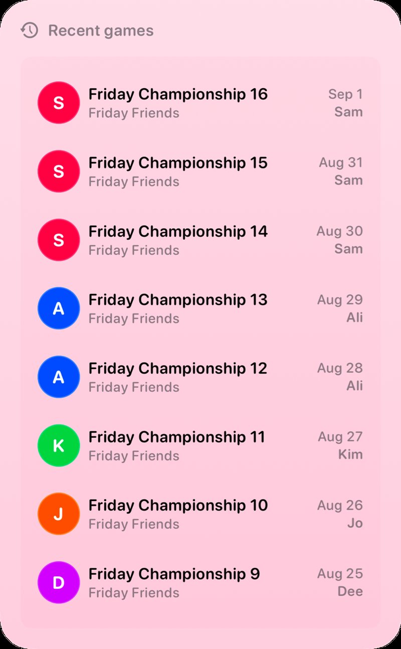 The Recent Games widget from House Rules at Extra Large Portrait size in the Pink tint, light appearance.