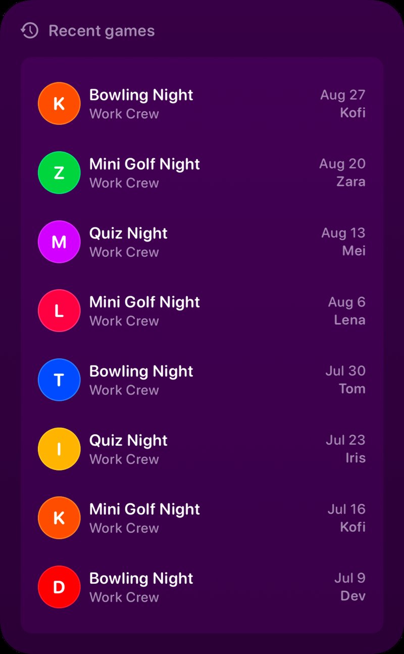 The Recent Games widget from House Rules at Extra Large Portrait size in the Purple tint, dark appearance.