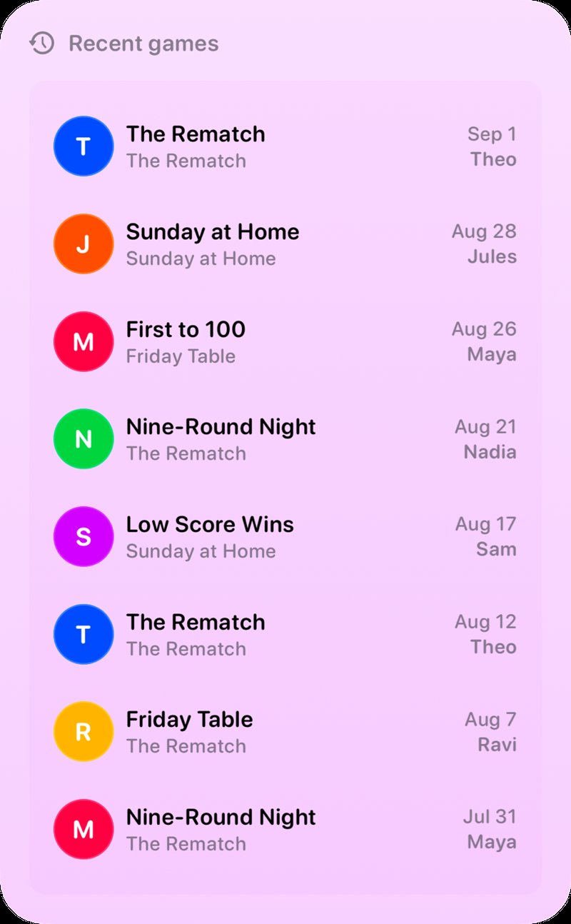 The Recent Games widget from House Rules at Extra Large Portrait size in the Purple tint, light appearance.
