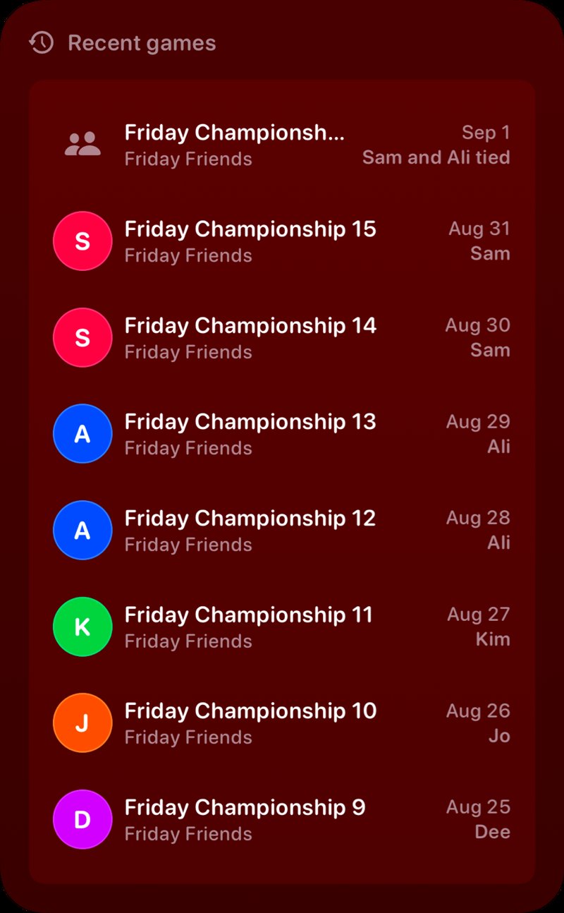 The Recent Games widget from House Rules at Extra Large Portrait size in the Red tint, dark appearance.