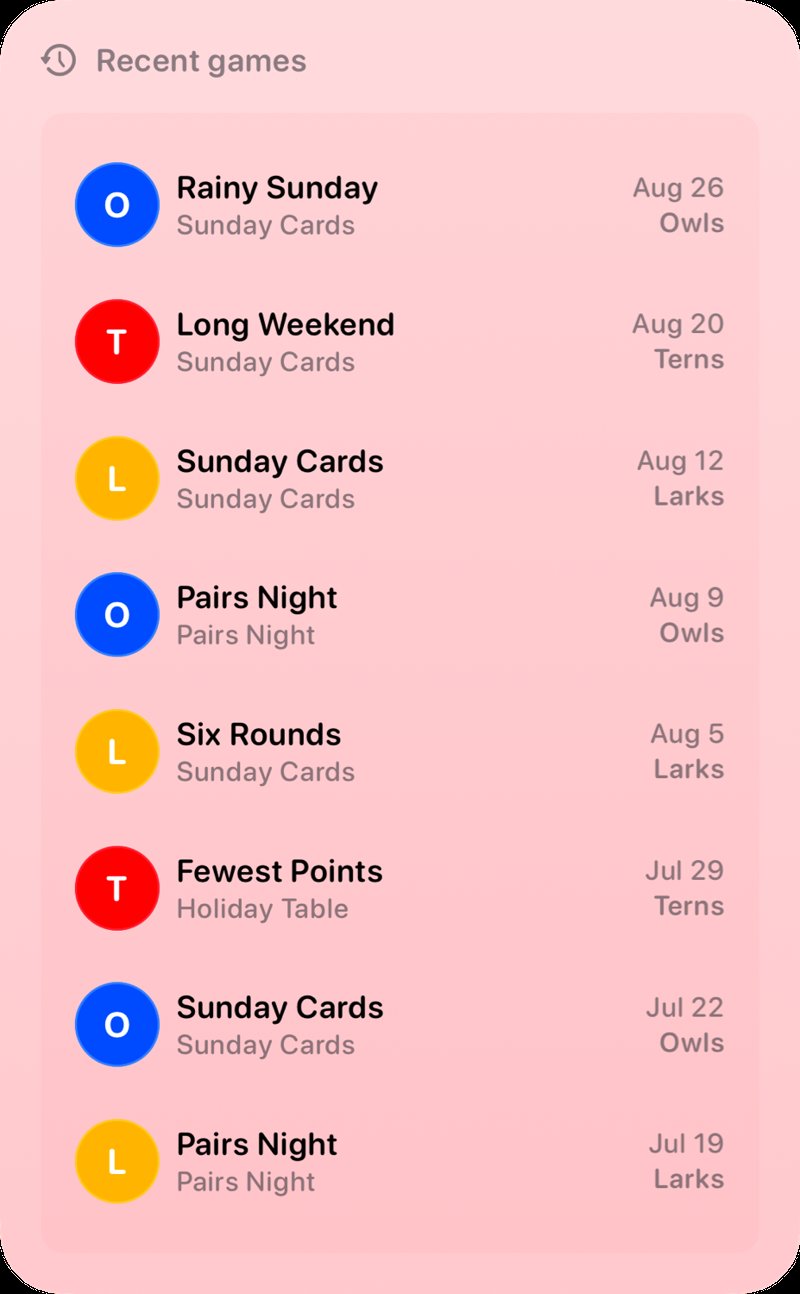 The Recent Games widget from House Rules at Extra Large Portrait size in the Red tint, light appearance.