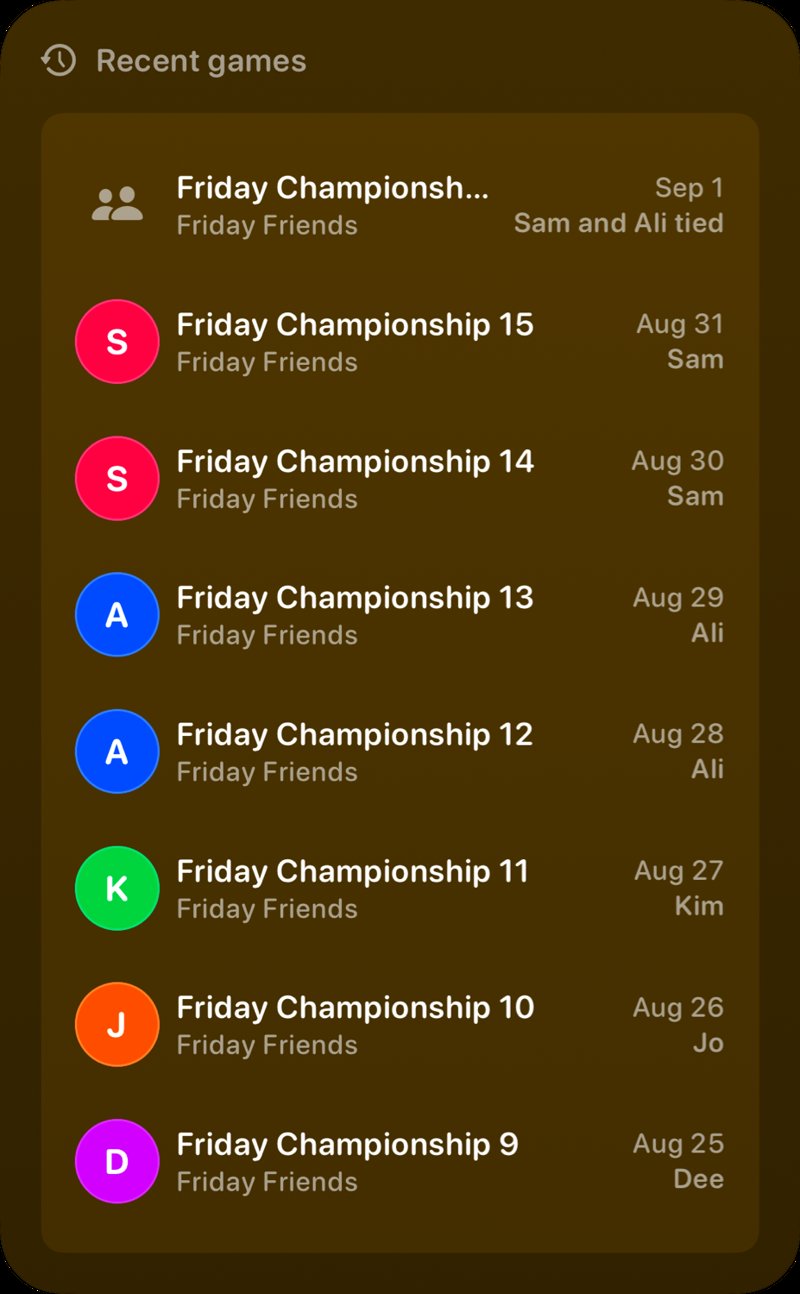 The Recent Games widget from House Rules at Extra Large Portrait size in the Yellow tint, dark appearance.