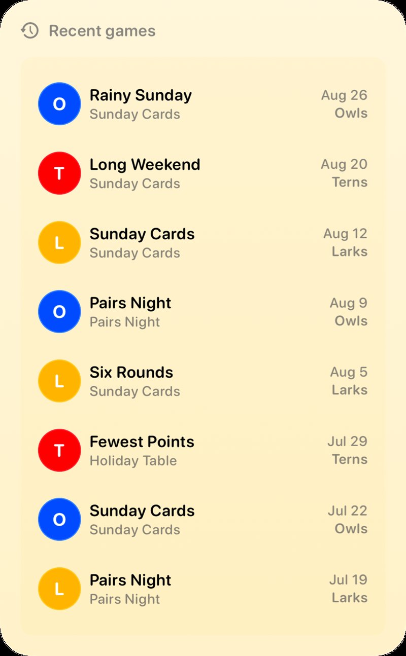 The Recent Games widget from House Rules at Extra Large Portrait size in the Yellow tint, light appearance.