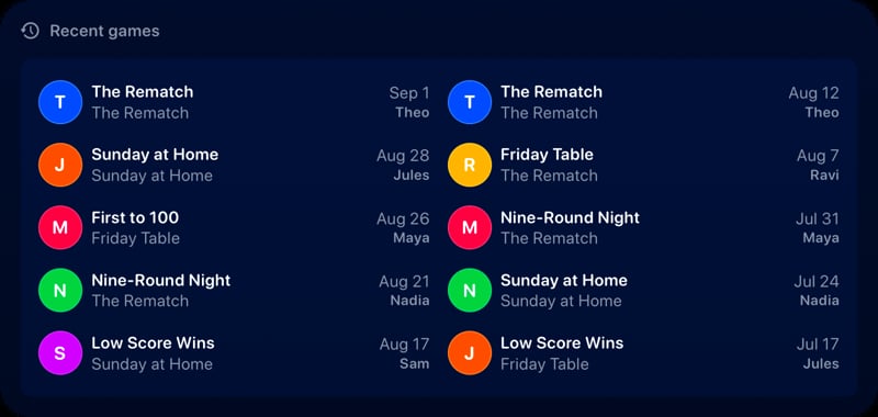 The Recent Games widget from House Rules at Extra Large size in the Blue tint, dark appearance.