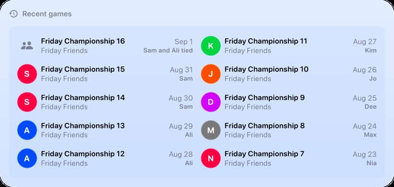 The Recent Games widget from House Rules at Extra Large size in the Blue tint, light appearance.