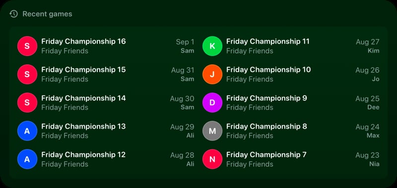 The Recent Games widget from House Rules at Extra Large size in the Green tint, dark appearance.