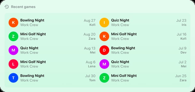 The Recent Games widget from House Rules at Extra Large size in the Green tint, light appearance.
