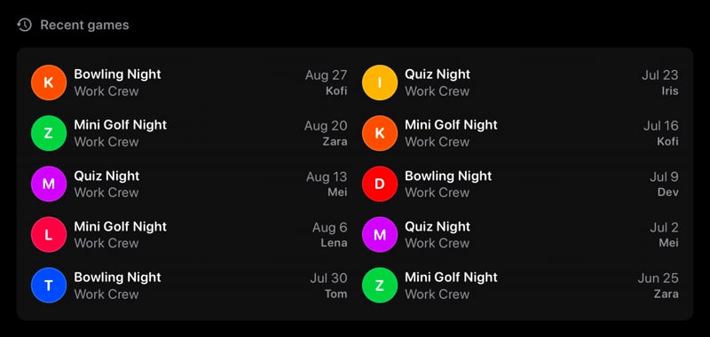 The Recent Games widget from House Rules at Extra Large size in the Grey tint, dark appearance.