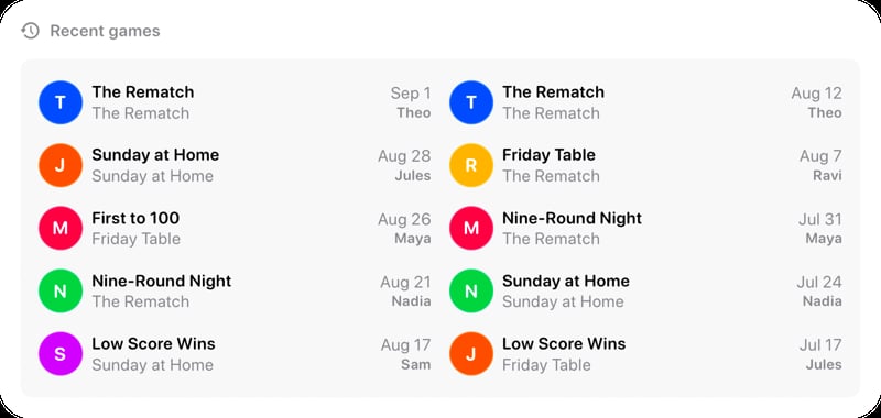 The Recent Games widget from House Rules at Extra Large size in the Grey tint, light appearance.