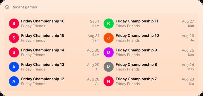 The Recent Games widget from House Rules at Extra Large size in the Orange tint, light appearance.