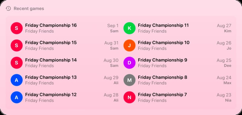 The Recent Games widget from House Rules at Extra Large size in the Pink tint, light appearance.