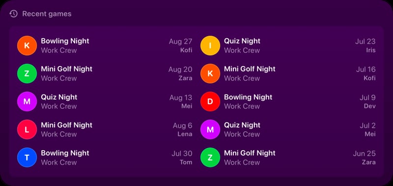 The Recent Games widget from House Rules at Extra Large size in the Purple tint, dark appearance.
