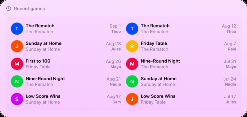 The Recent Games widget from House Rules at Extra Large size in the Purple tint, light appearance.