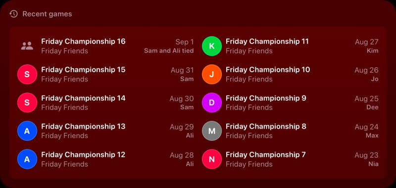 The Recent Games widget from House Rules at Extra Large size in the Red tint, dark appearance.