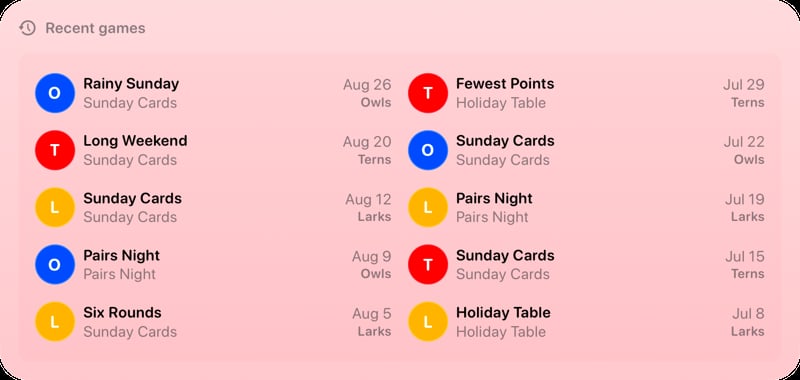 The Recent Games widget from House Rules at Extra Large size in the Red tint, light appearance.