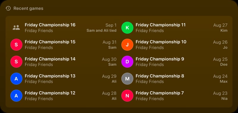 The Recent Games widget from House Rules at Extra Large size in the Yellow tint, dark appearance.