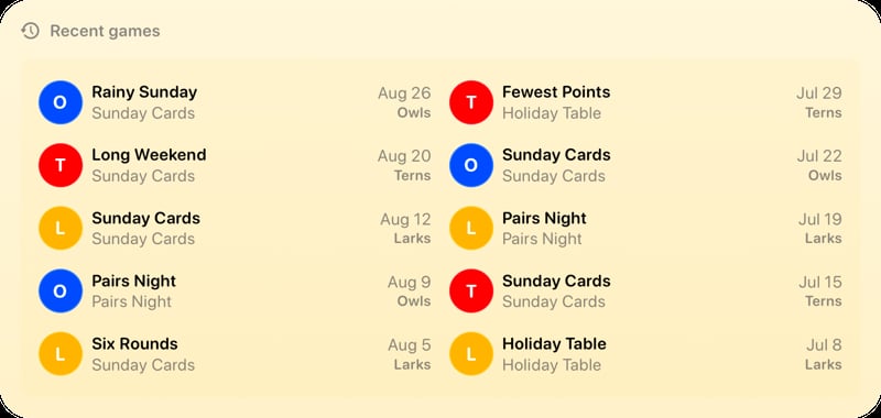 The Recent Games widget from House Rules at Extra Large size in the Yellow tint, light appearance.