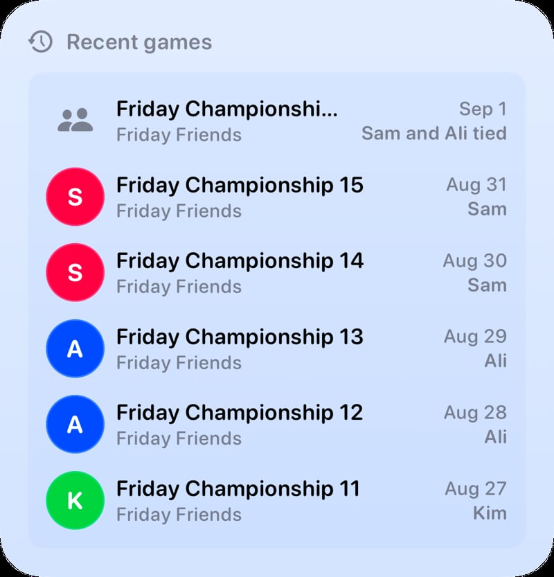 The Recent Games widget from House Rules at Large size in the Blue tint, light appearance.
