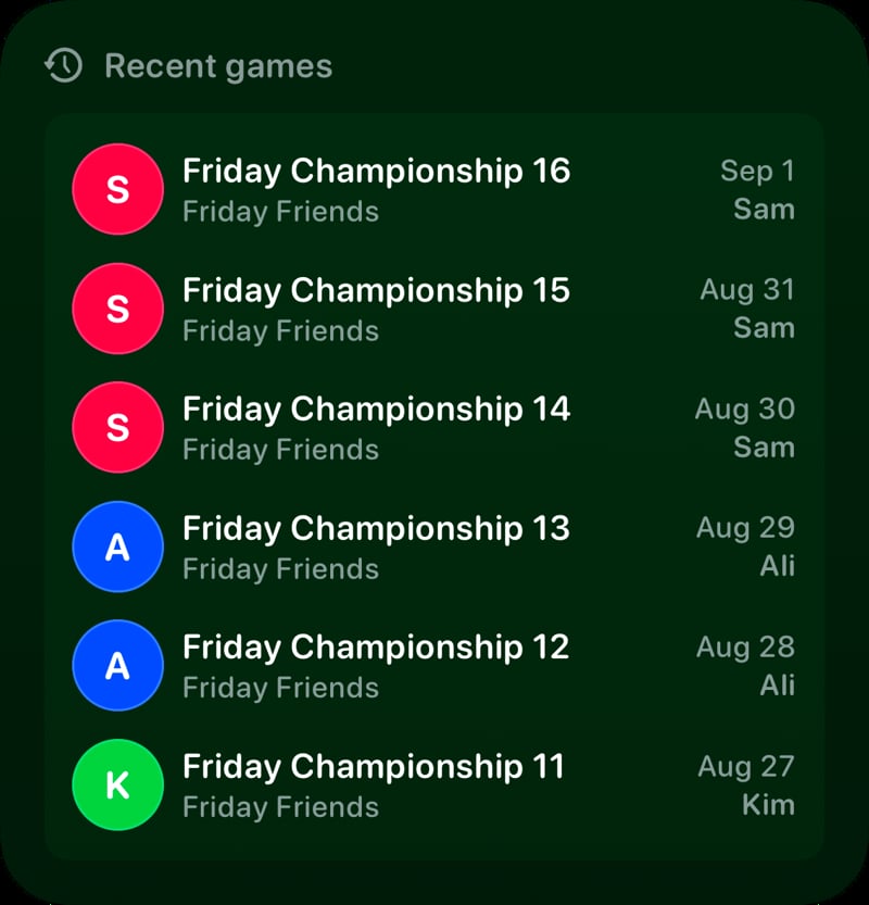 The Recent Games widget from House Rules at Large size in the Green tint, dark appearance.