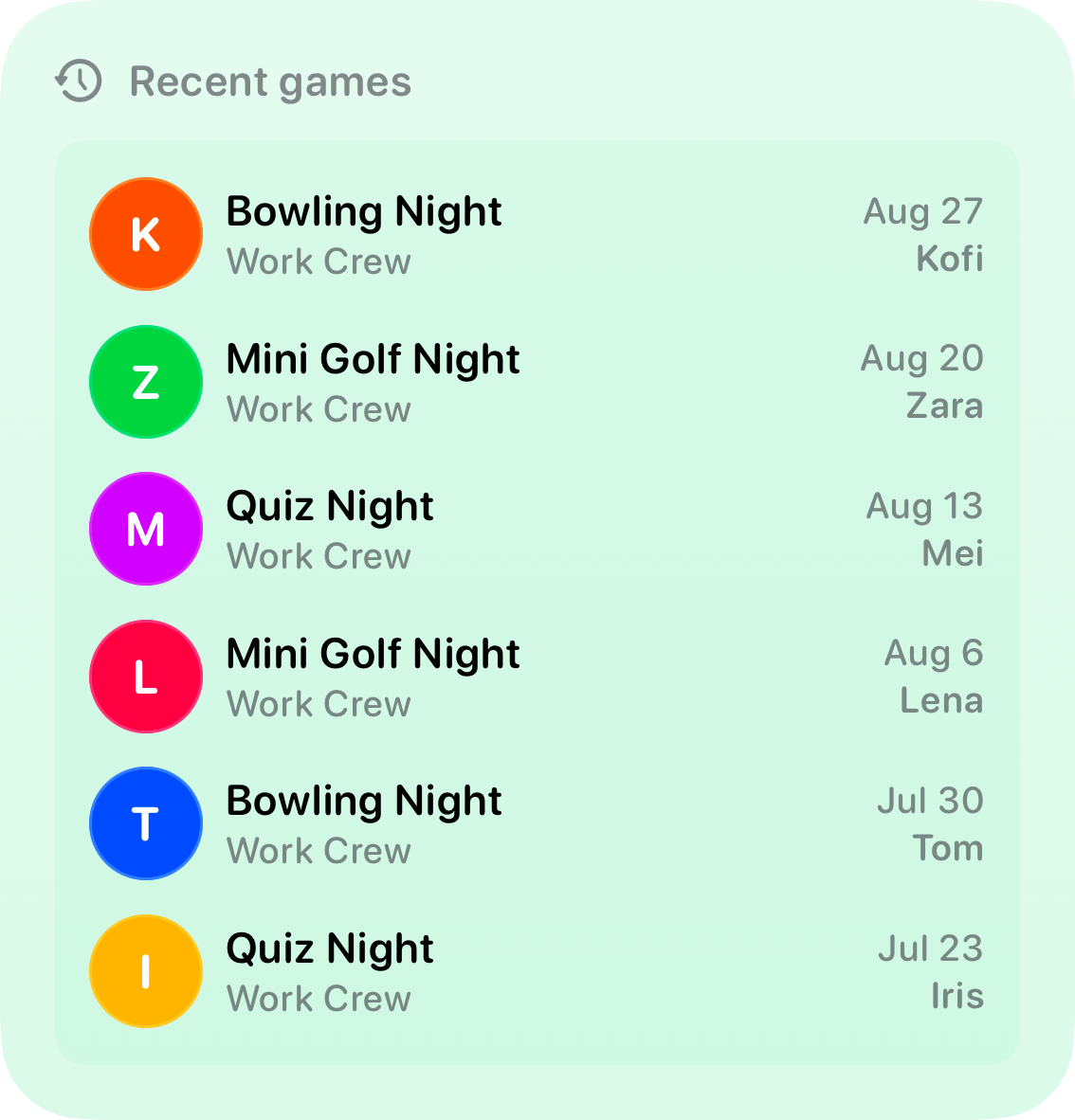 The Recent Games widget from House Rules at Large size in the Green tint, light appearance.