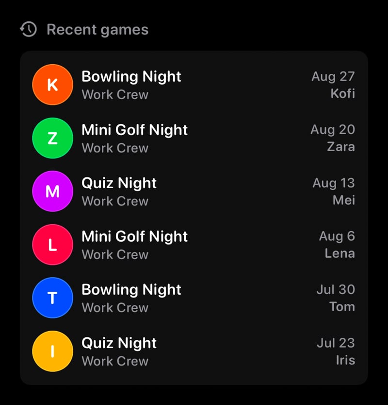 The Recent Games widget from House Rules at Large size in the Grey tint, dark appearance.