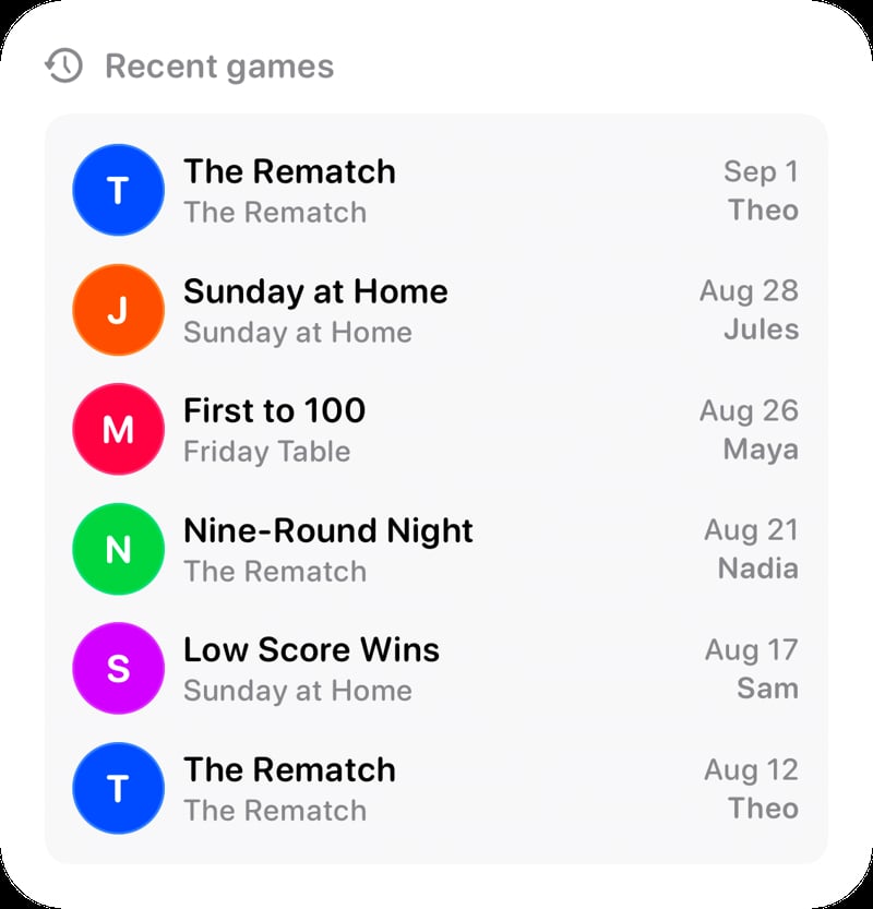 The Recent Games widget from House Rules at Large size in the Grey tint, light appearance.
