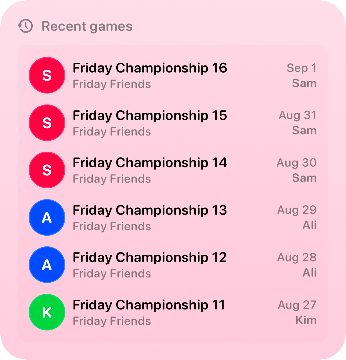 The Recent Games widget from House Rules at Large size in the Pink tint, light appearance.