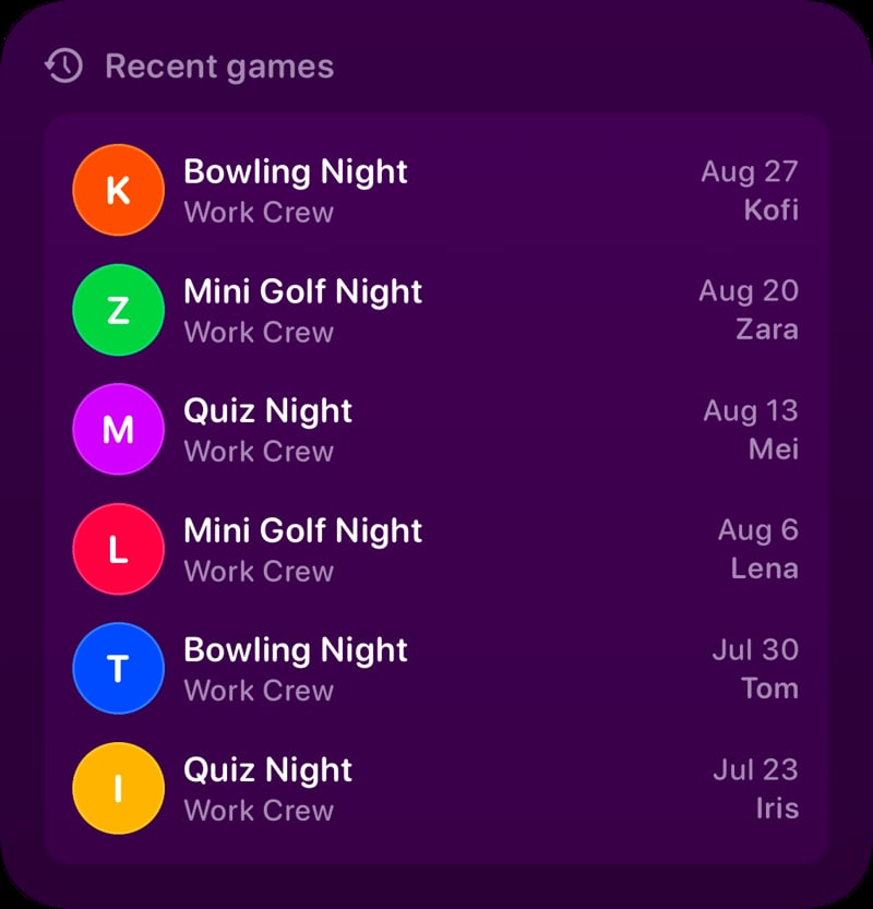 The Recent Games widget from House Rules at Large size in the Purple tint, dark appearance.