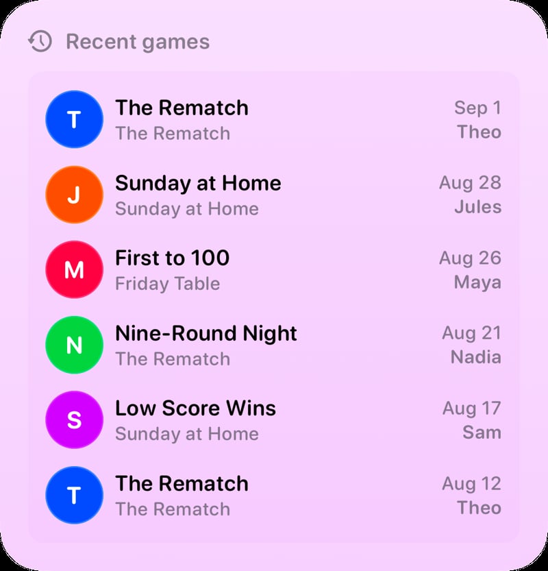 The Recent Games widget from House Rules at Large size in the Purple tint, light appearance.