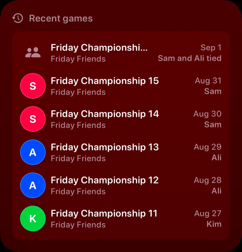 The Recent Games widget from House Rules at Large size in the Red tint, dark appearance.