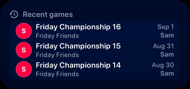 The Recent Games widget from House Rules at Medium size in the Blue tint, dark appearance.