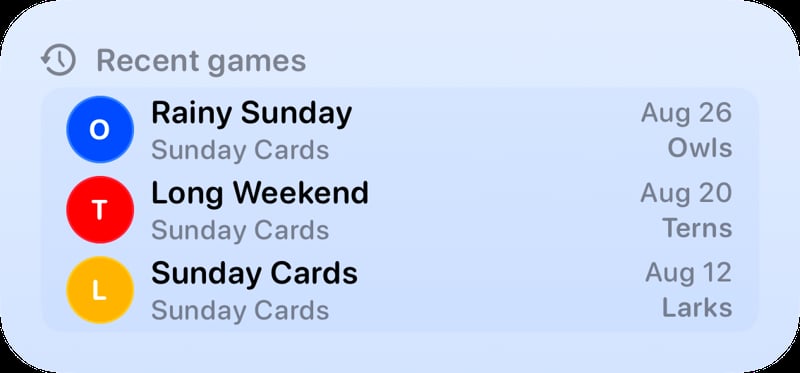 The Recent Games widget from House Rules at Medium size in the Blue tint, light appearance.